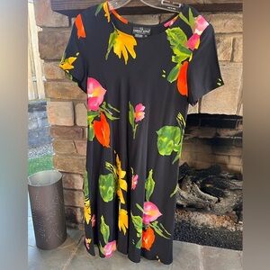 Carole Little Black Dress with Yellow and Green Floral Accents Size 10